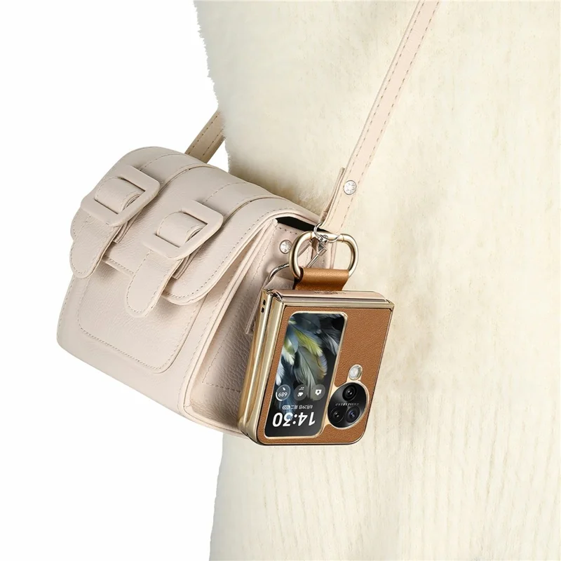 Capa para Oppo Find N3 Flip 5G com Revestimento de Couro Eletrolítico, Capa de Telefone PC com Fivela de Anel de Mola e Suporte - Marrom