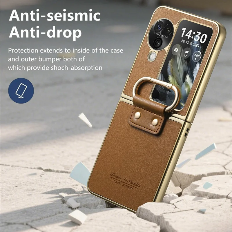 Capa para Oppo Find N3 Flip 5G com Revestimento de Couro Eletrolítico, Capa de Telefone PC com Fivela de Anel de Mola e Suporte - Marrom