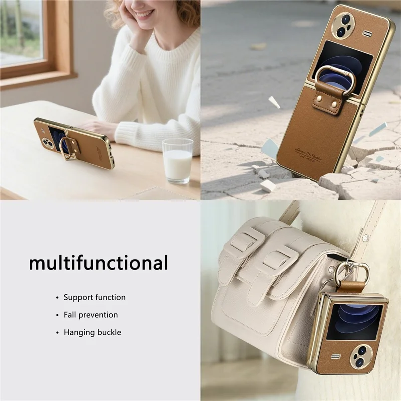 Custodia Vivo X Flip in pelle rivestita in PC con anello a molla e supporto - Marrone