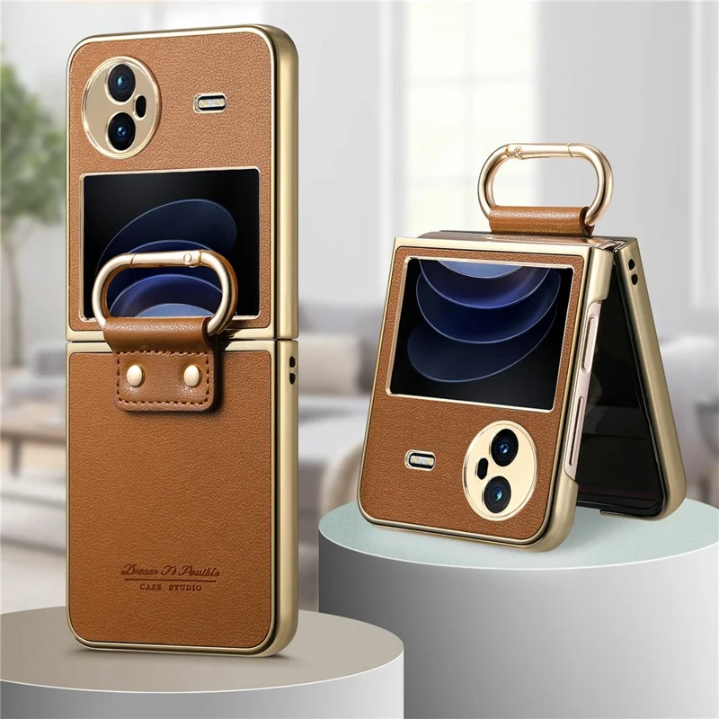 Custodia Vivo X Flip in pelle rivestita in PC con anello a molla e supporto - Marrone