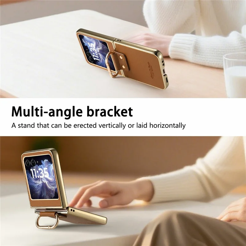 Voor Motorola Razr 60 hoesje Galvanisch bedekt lederen PC-telefoonhoesje met veerringgesp en standaard - Bruin