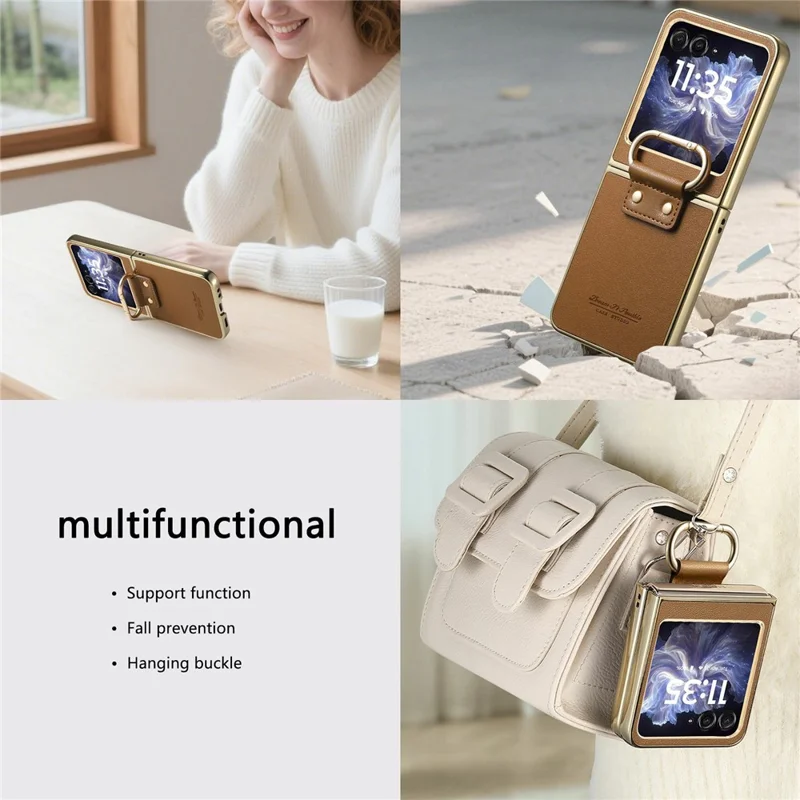 Voor Motorola Razr 60 hoesje Galvanisch bedekt lederen PC-telefoonhoesje met veerringgesp en standaard - Bruin