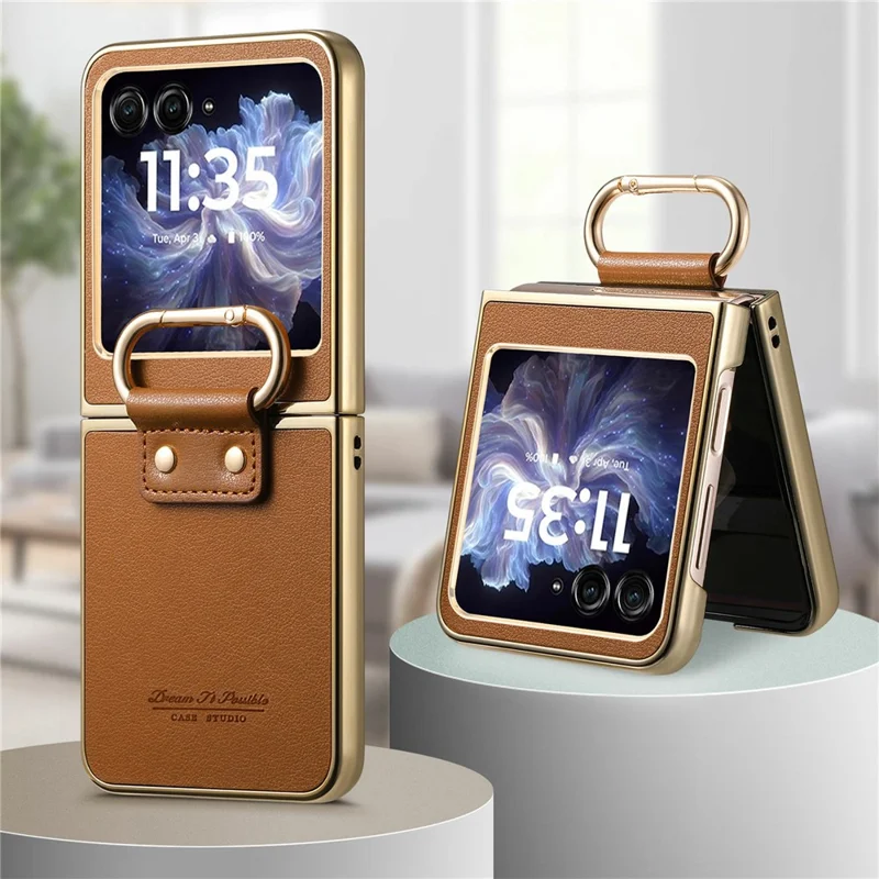 Voor Motorola Razr 60 hoesje Galvanisch bedekt lederen PC-telefoonhoesje met veerringgesp en standaard - Bruin