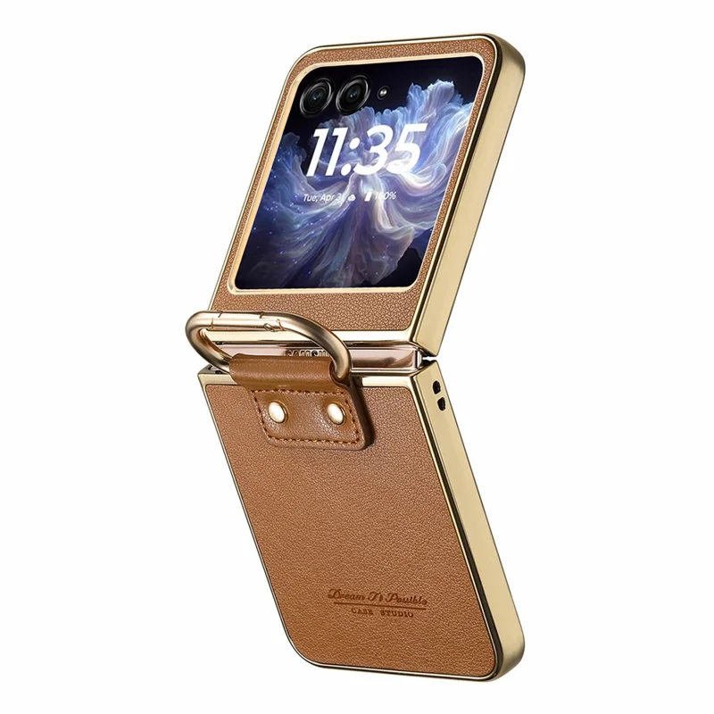 Voor Motorola Razr 60 hoesje Galvanisch bedekt lederen PC-telefoonhoesje met veerringgesp en standaard - Bruin
