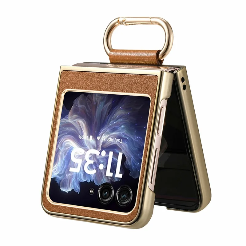 Voor Motorola Razr 60 hoesje Galvanisch bedekt lederen PC-telefoonhoesje met veerringgesp en standaard - Bruin
