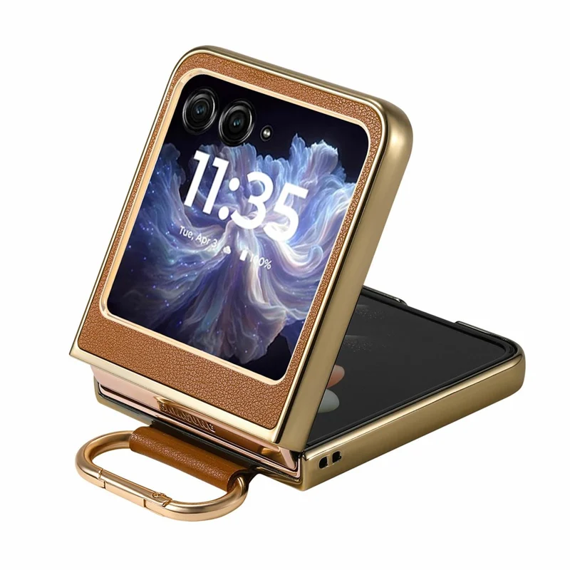 Voor Motorola Razr 60 hoesje Galvanisch bedekt lederen PC-telefoonhoesje met veerringgesp en standaard - Bruin