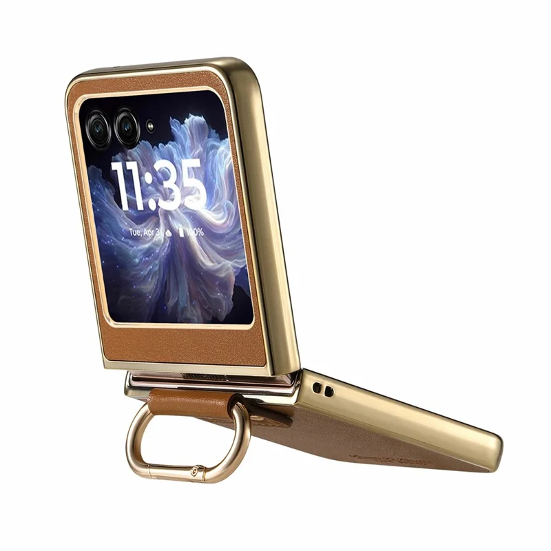 Voor Motorola Razr 60 hoesje Galvanisch bedekt lederen PC-telefoonhoesje met veerringgesp en standaard - Bruin