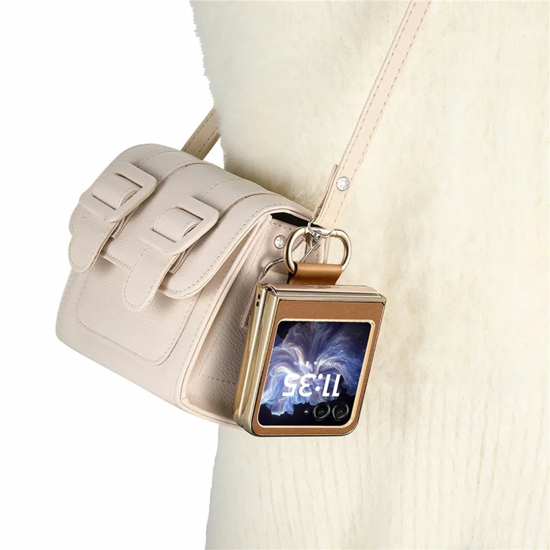 Voor Motorola Razr 60 hoesje Galvanisch bedekt lederen PC-telefoonhoesje met veerringgesp en standaard - Bruin