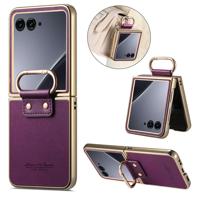 Capa Motorola Razr 60 Ultra 5G - Revestimento de Couro com Anel de Mola e Suporte Dobrável - Roxo