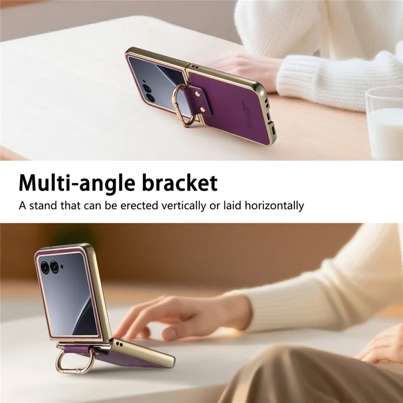 Capa Motorola Razr 60 Ultra 5G - Revestimento de Couro com Anel de Mola e Suporte Dobrável - Roxo