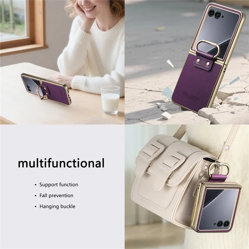 Capa Motorola Razr 60 Ultra 5G - Revestimento de Couro com Anel de Mola e Suporte Dobrável - Roxo