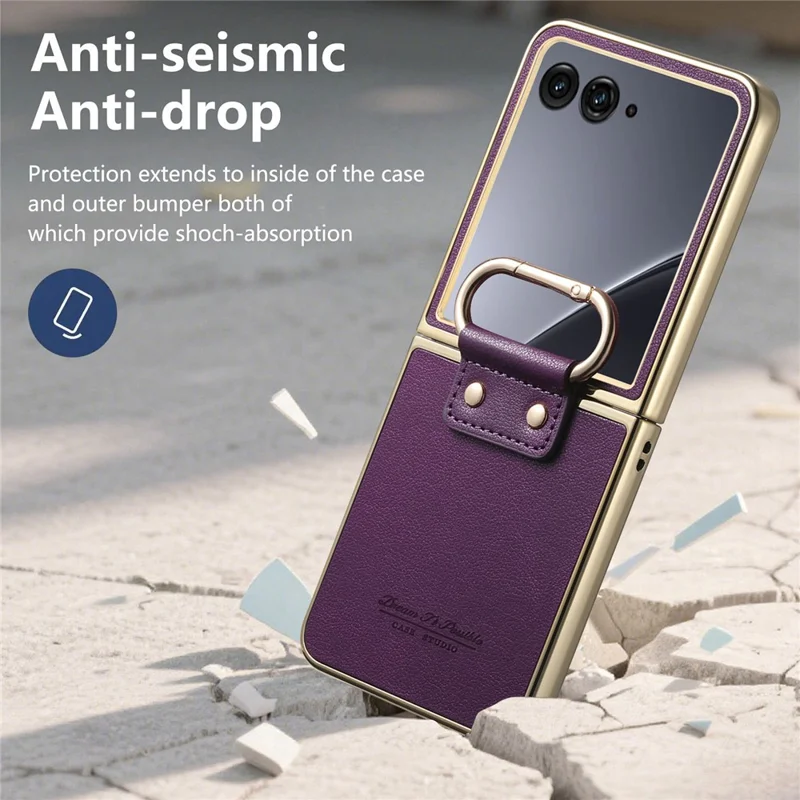 Capa Motorola Razr 60 Ultra 5G - Revestimento de Couro com Anel de Mola e Suporte Dobrável - Roxo