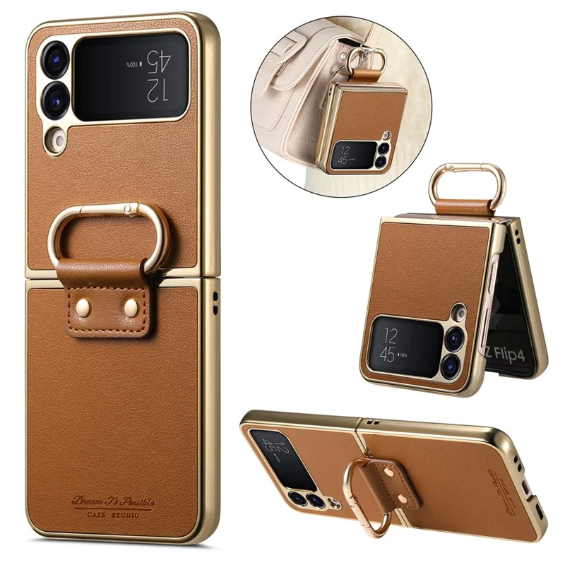 For Samsung Galaxy Z Flip4 5G Case Electroplating Leather Coated PC Phone Cover with Spring Ring Buckle Kickstand - Brown
