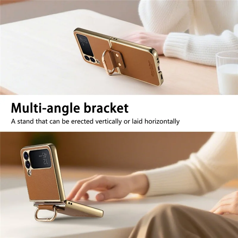 For Samsung Galaxy Z Flip4 5G Case Electroplating Leather Coated PC Phone Cover with Spring Ring Buckle Kickstand - Brown