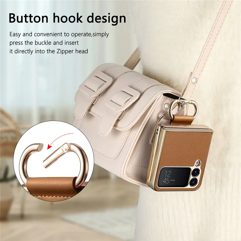 For Samsung Galaxy Z Flip4 5G Case Electroplating Leather Coated PC Phone Cover with Spring Ring Buckle Kickstand - Brown