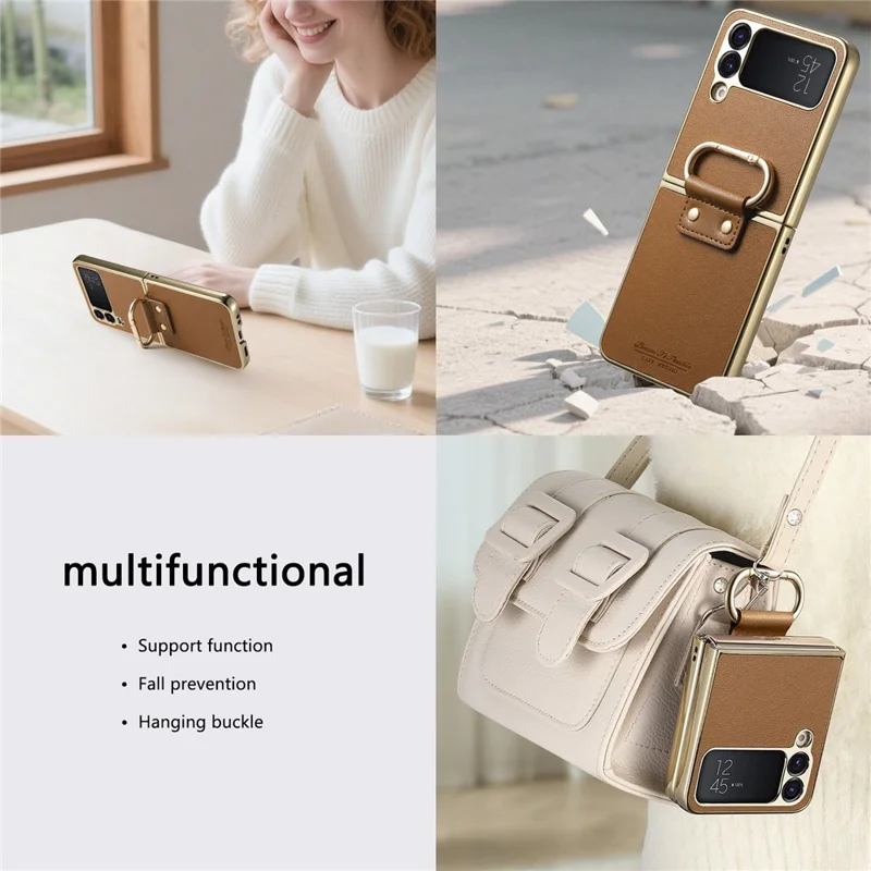 For Samsung Galaxy Z Flip4 5G Case Electroplating Leather Coated PC Phone Cover with Spring Ring Buckle Kickstand - Brown