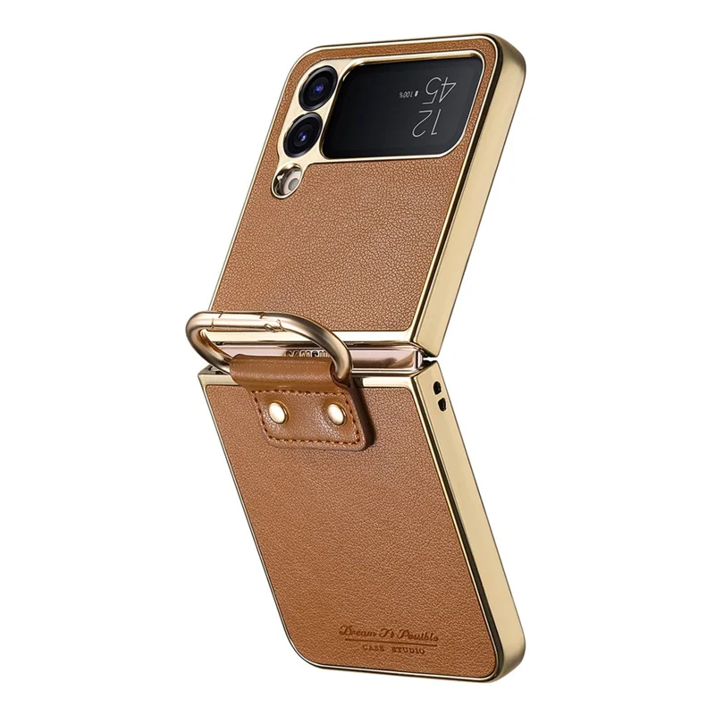 For Samsung Galaxy Z Flip4 5G Case Electroplating Leather Coated PC Phone Cover with Spring Ring Buckle Kickstand - Brown