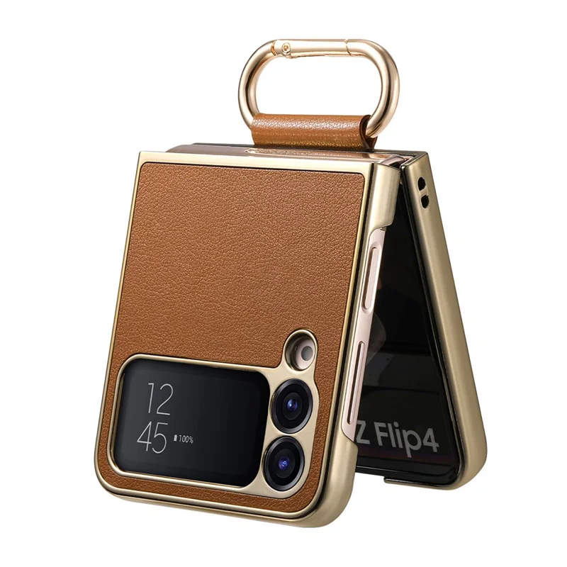 For Samsung Galaxy Z Flip4 5G Case Electroplating Leather Coated PC Phone Cover with Spring Ring Buckle Kickstand - Brown
