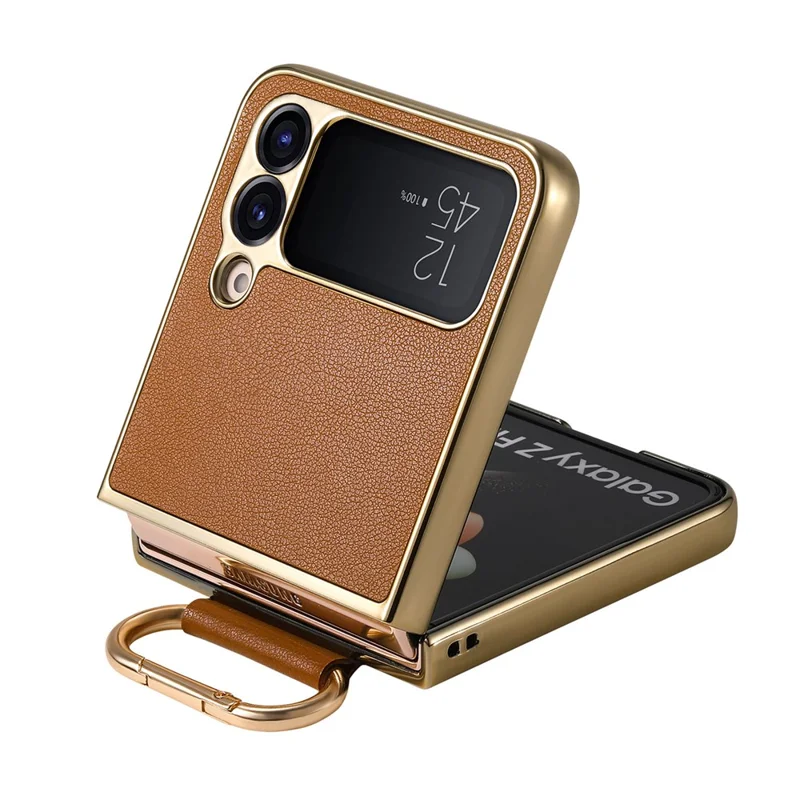 For Samsung Galaxy Z Flip4 5G Case Electroplating Leather Coated PC Phone Cover with Spring Ring Buckle Kickstand - Brown