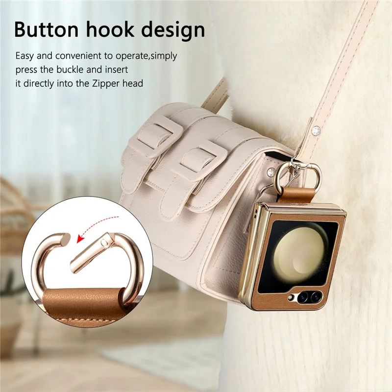 For Samsung Galaxy Z Flip5 5G Case Electroplating Leather Coated PC Phone Cover with Spring Ring Buckle Kickstand - Brown