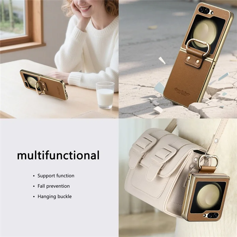 For Samsung Galaxy Z Flip5 5G Case Electroplating Leather Coated PC Phone Cover with Spring Ring Buckle Kickstand - Brown