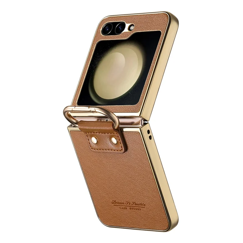 For Samsung Galaxy Z Flip5 5G Case Electroplating Leather Coated PC Phone Cover with Spring Ring Buckle Kickstand - Brown