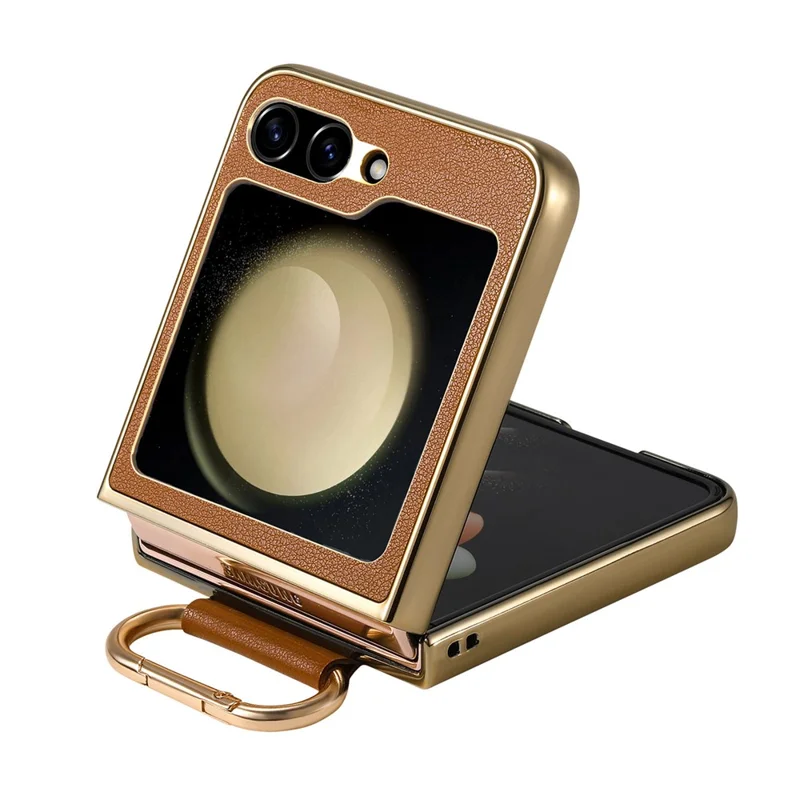 For Samsung Galaxy Z Flip5 5G Case Electroplating Leather Coated PC Phone Cover with Spring Ring Buckle Kickstand - Brown