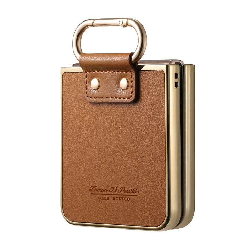 For Samsung Galaxy Z Flip5 5G Case Electroplating Leather Coated PC Phone Cover with Spring Ring Buckle Kickstand - Brown