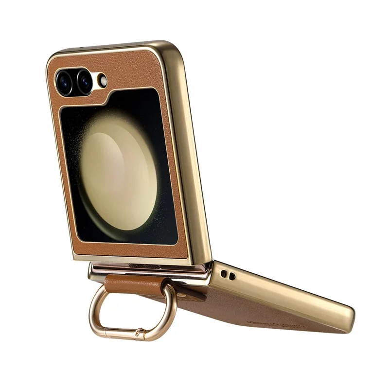 For Samsung Galaxy Z Flip5 5G Case Electroplating Leather Coated PC Phone Cover with Spring Ring Buckle Kickstand - Brown