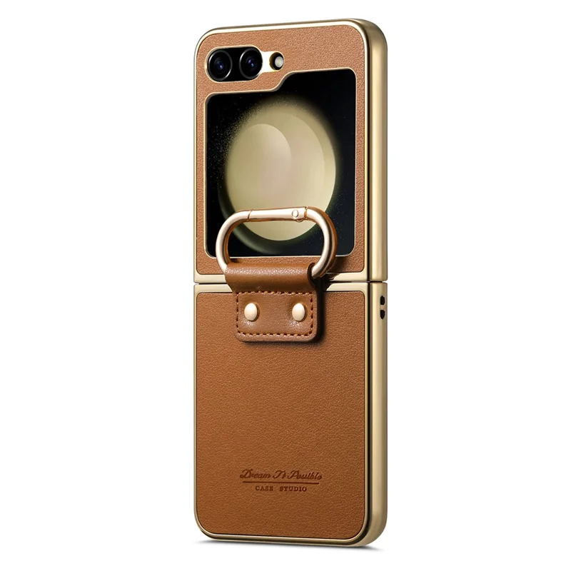 For Samsung Galaxy Z Flip5 5G Case Electroplating Leather Coated PC Phone Cover with Spring Ring Buckle Kickstand - Brown