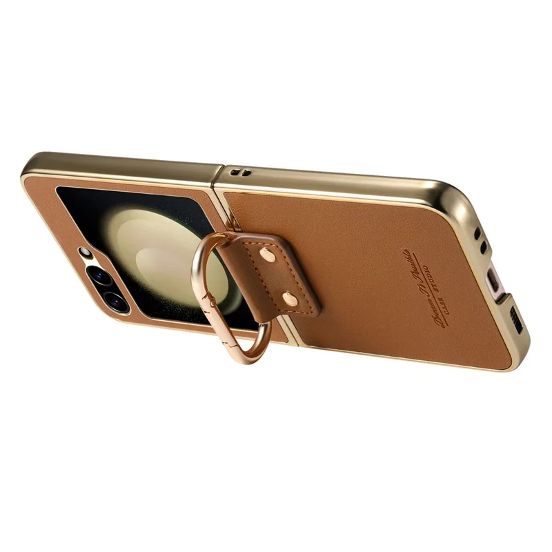 Per Samsung Galaxy Z Flip6 5G Case Rivestimento in Pelle Elettroplaccato PC Cover del Telefono con Anello a Molla Supporto - Marrone