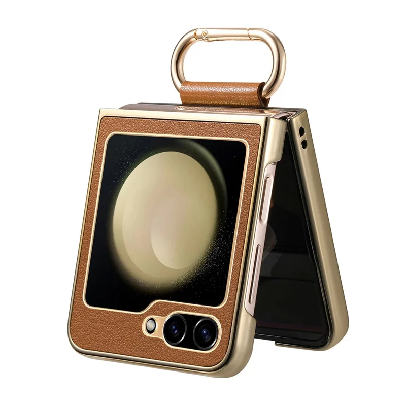 Per Samsung Galaxy Z Flip6 5G Case Rivestimento in Pelle Elettroplaccato PC Cover del Telefono con Anello a Molla Supporto - Marrone