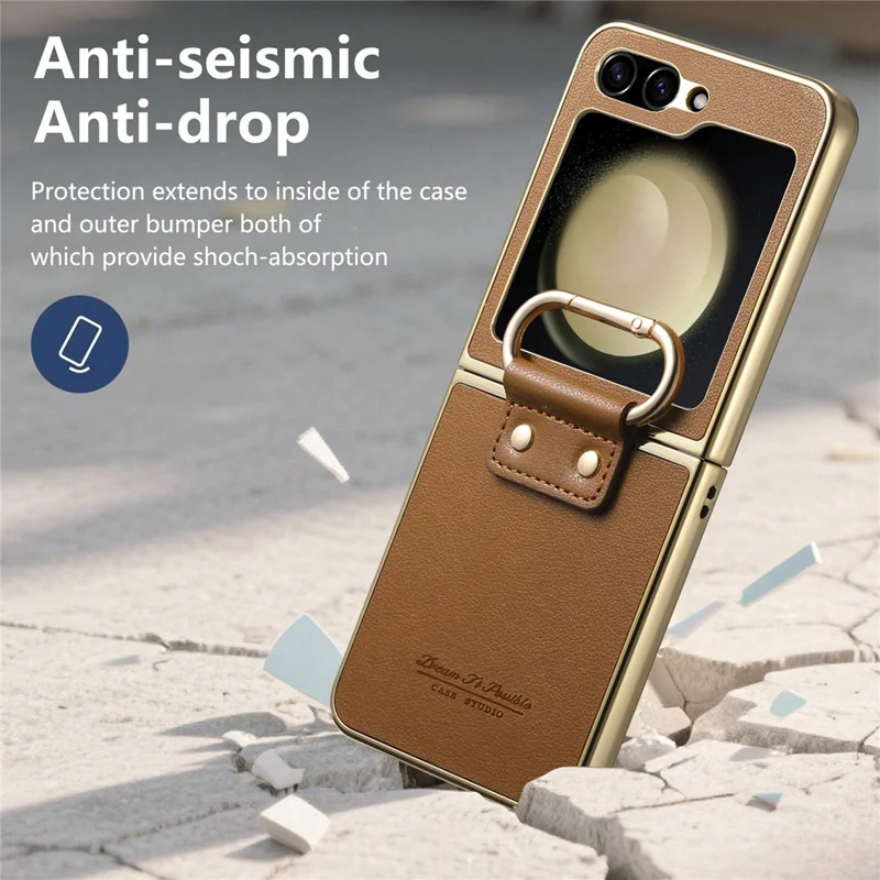 Per Samsung Galaxy Z Flip6 5G Case Rivestimento in Pelle Elettroplaccato PC Cover del Telefono con Anello a Molla Supporto - Marrone