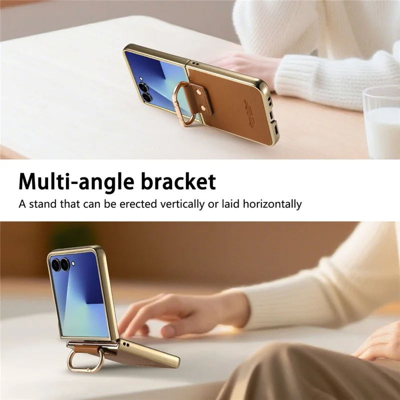 Capa Samsung Galaxy Z Flip7 5G Revestimento de Couro Eletrolítico PC com Fivela de Mola e Suporte - Marrom