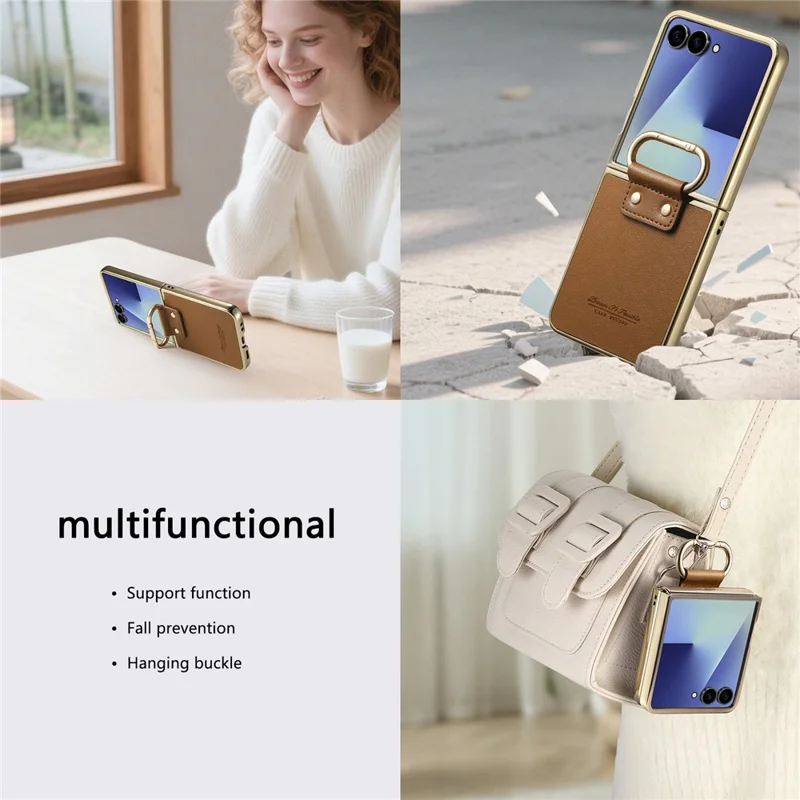 Capa Samsung Galaxy Z Flip7 5G Revestimento de Couro Eletrolítico PC com Fivela de Mola e Suporte - Marrom