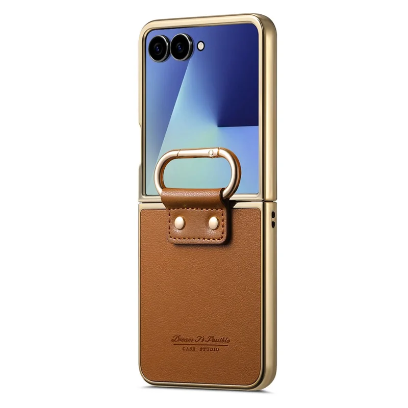 Capa Samsung Galaxy Z Flip7 5G Revestimento de Couro Eletrolítico PC com Fivela de Mola e Suporte - Marrom