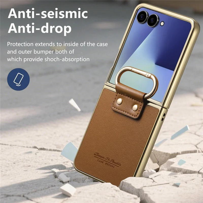 Capa Samsung Galaxy Z Flip7 5G Revestimento de Couro Eletrolítico PC com Fivela de Mola e Suporte - Marrom