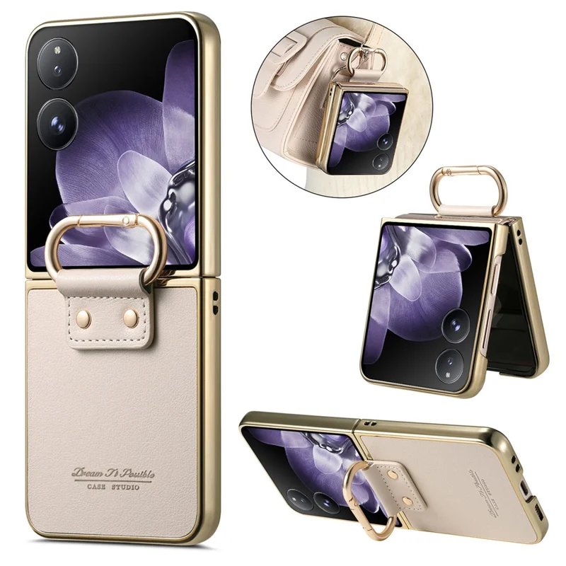 For Xiaomi Mix Flip 5G Case Electroplating Leather Coated PC Phone Cover with Spring Ring Buckle Kickstand - White