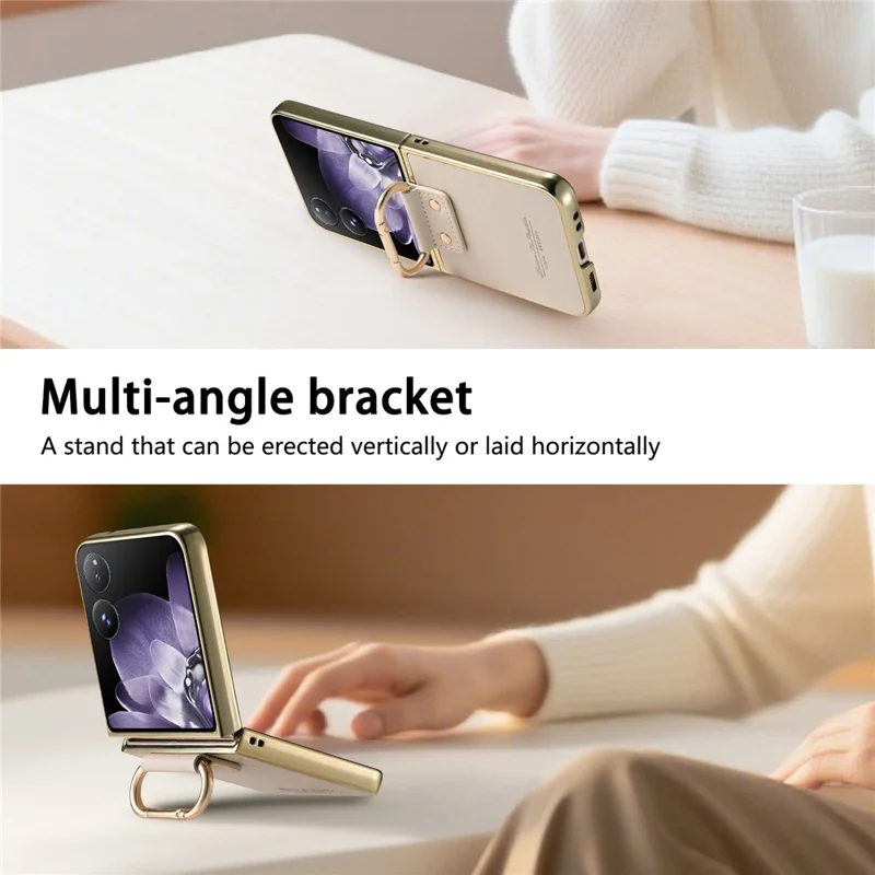 For Xiaomi Mix Flip 5G Case Electroplating Leather Coated PC Phone Cover with Spring Ring Buckle Kickstand - White