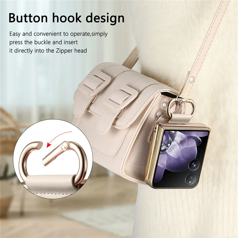 For Xiaomi Mix Flip 5G Case Electroplating Leather Coated PC Phone Cover with Spring Ring Buckle Kickstand - White