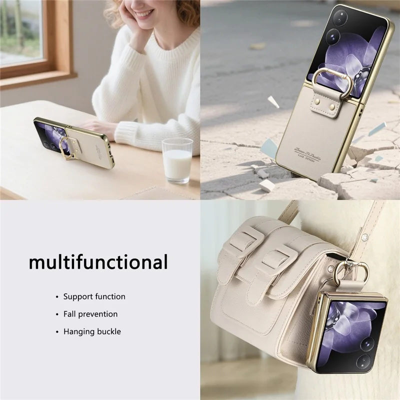 For Xiaomi Mix Flip 5G Case Electroplating Leather Coated PC Phone Cover with Spring Ring Buckle Kickstand - White