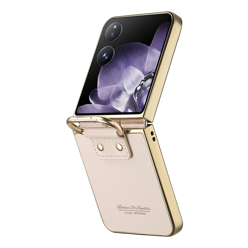 For Xiaomi Mix Flip 5G Case Electroplating Leather Coated PC Phone Cover with Spring Ring Buckle Kickstand - White