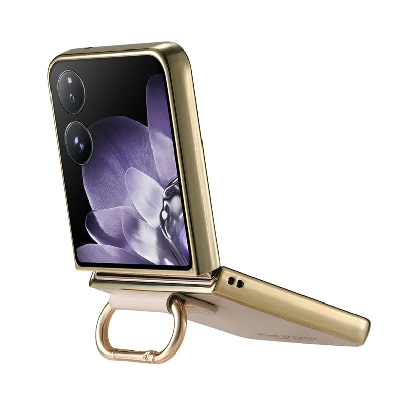For Xiaomi Mix Flip 5G Case Electroplating Leather Coated PC Phone Cover with Spring Ring Buckle Kickstand - White
