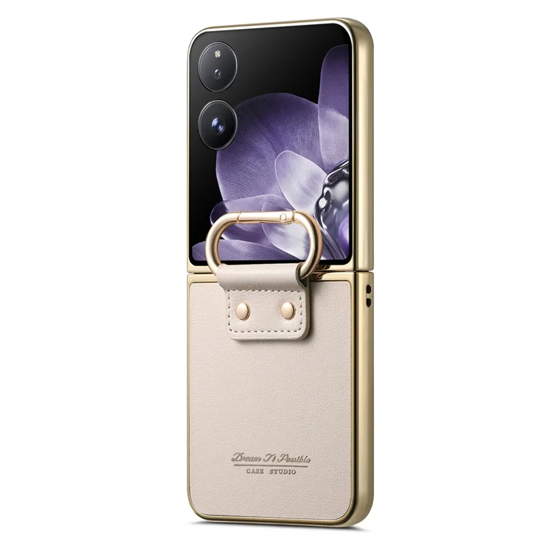 For Xiaomi Mix Flip 5G Case Electroplating Leather Coated PC Phone Cover with Spring Ring Buckle Kickstand - White
