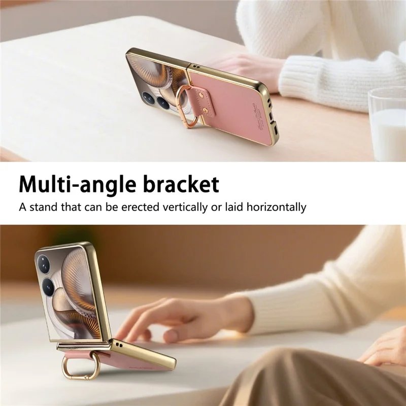 Til Xiaomi Mix Flip 2 Case Elektrolysfærdig Læderbelagt PC-telefonbeskyttelse med fjederring, støttefod - Pink