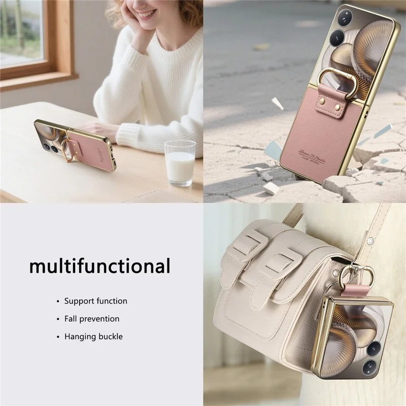 Til Xiaomi Mix Flip 2 Case Elektrolysfærdig Læderbelagt PC-telefonbeskyttelse med fjederring, støttefod - Pink