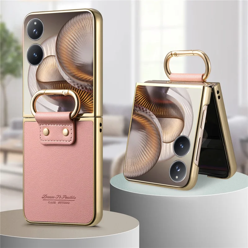 Til Xiaomi Mix Flip 2 Case Elektrolysfærdig Læderbelagt PC-telefonbeskyttelse med fjederring, støttefod - Pink