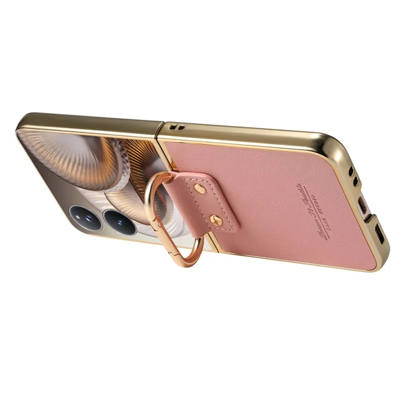 Til Xiaomi Mix Flip 2 Case Elektrolysfærdig Læderbelagt PC-telefonbeskyttelse med fjederring, støttefod - Pink