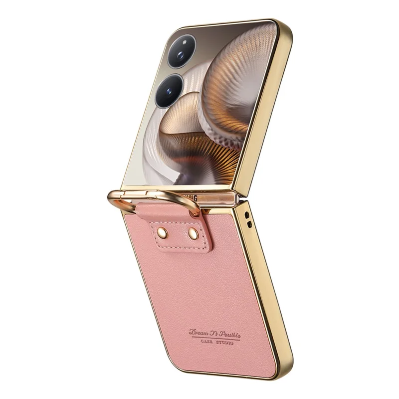 Til Xiaomi Mix Flip 2 Case Elektrolysfærdig Læderbelagt PC-telefonbeskyttelse med fjederring, støttefod - Pink