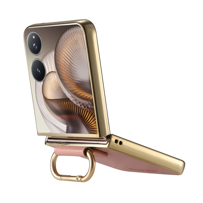 Til Xiaomi Mix Flip 2 Case Elektrolysfærdig Læderbelagt PC-telefonbeskyttelse med fjederring, støttefod - Pink